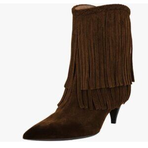 FOWT Deep Brown Chic Tassels Pointed Toe Kitten Heel Ankle Boots Pull On Booties